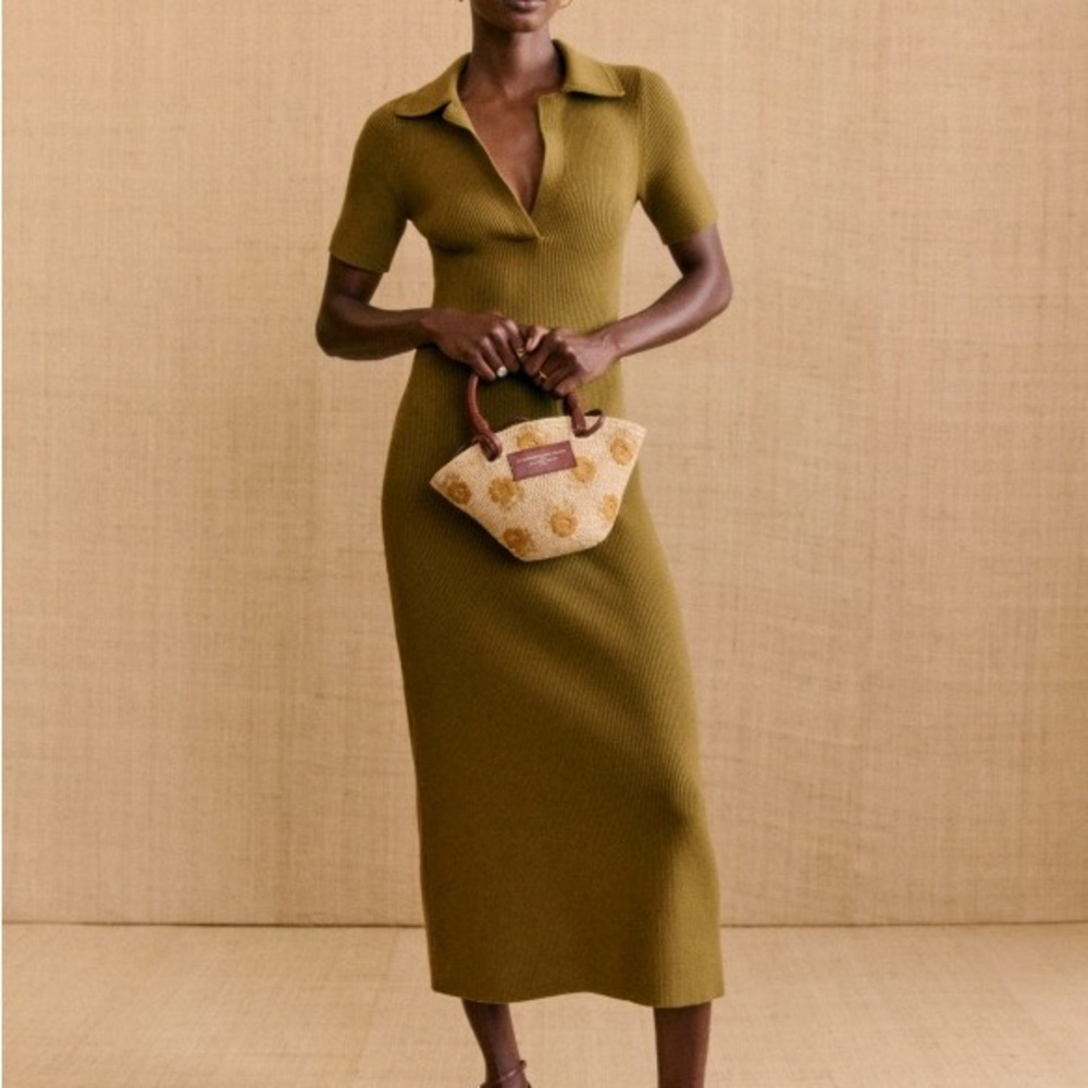 Sezane Olive Green Ribbed Knit Dress
